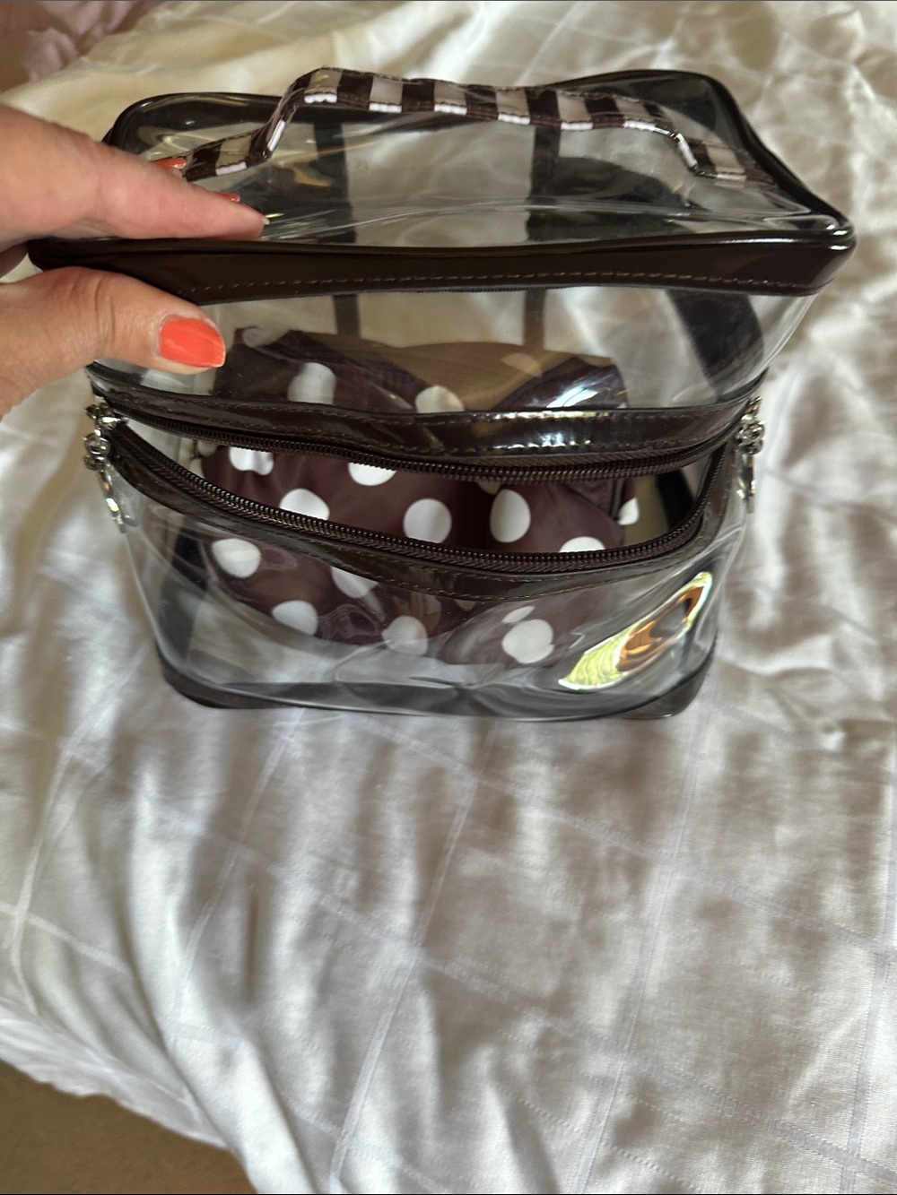Henri Bendel Clear Cosmetic Train Case with Brown Trim + Brown Polka Dot Pouch - Picture 10 of 10